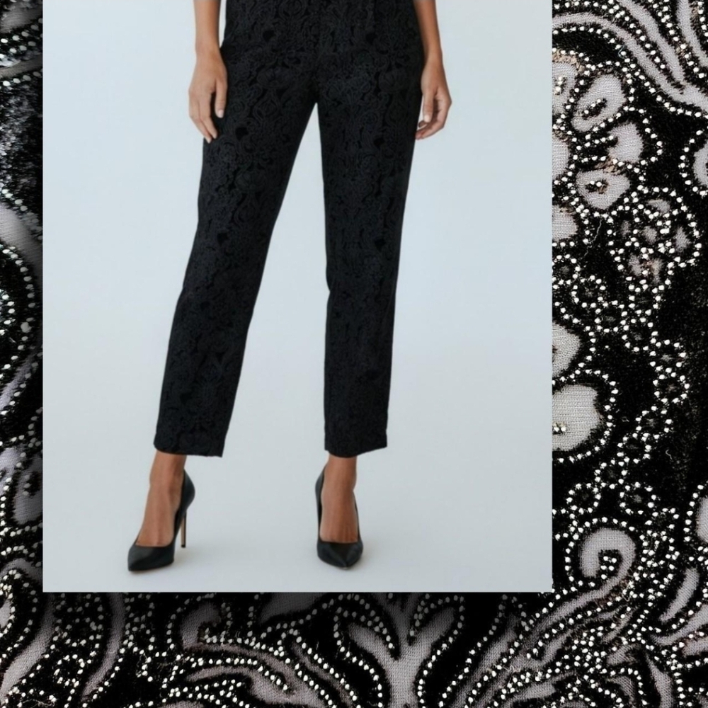 Black velvet paisley print embroidered pants